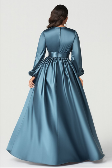 Grey Blue Satin V-Neck Mother of Bride Dress with Long Sleeves